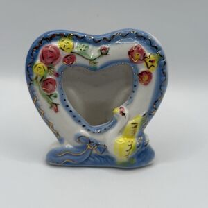 Ceramic Heart with Swan Floral Picture Photo Frame Vintage Hand Painted EA